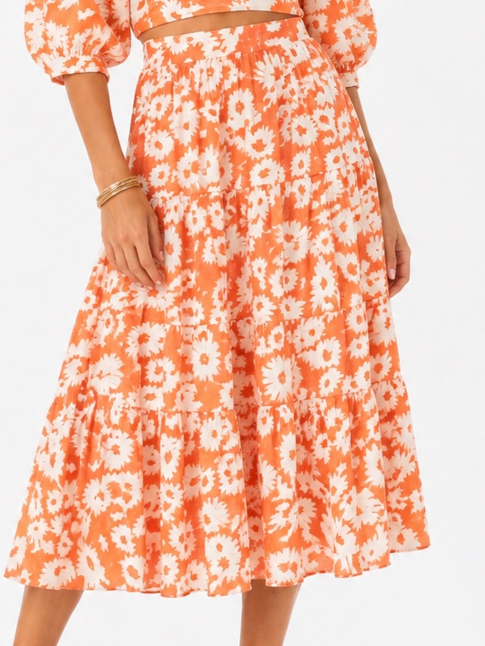 KARLIE 100% Cotton Flowy Tiered Orange Blossom Floral Maxi Ruffle Skirt POCKETS